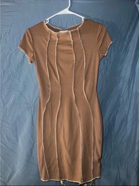 See You Monday Brown Ribbed Seam-Detail Mini Dress